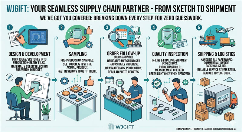 WJGIFT B2B supply chain services from custom design and product sampling to quality inspection and global shipment